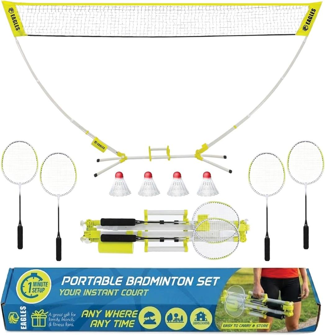 Complete Portable Badminton Set - Quick & Easy Setup - 4 Rackets 2 Birdies Shuttlecock, 1 Net & Badmington Pole Frame for Backyard Park & Beach Games, Indoor Outdoor Sports Equipment for Family Fun