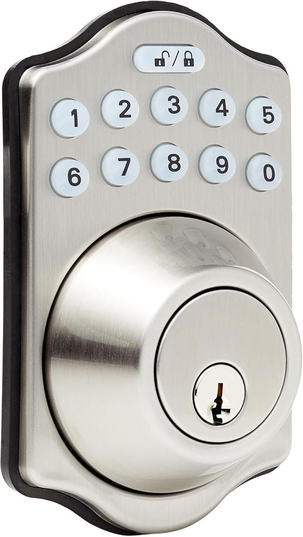 Amazon Basics Electronic Keypad Deadbolt Door Lock with Auto Lock, Customizable User Codes, One-time Codes, Touch-Control Keyless Entry, Traditional, Satin Nickel, 1-Pack