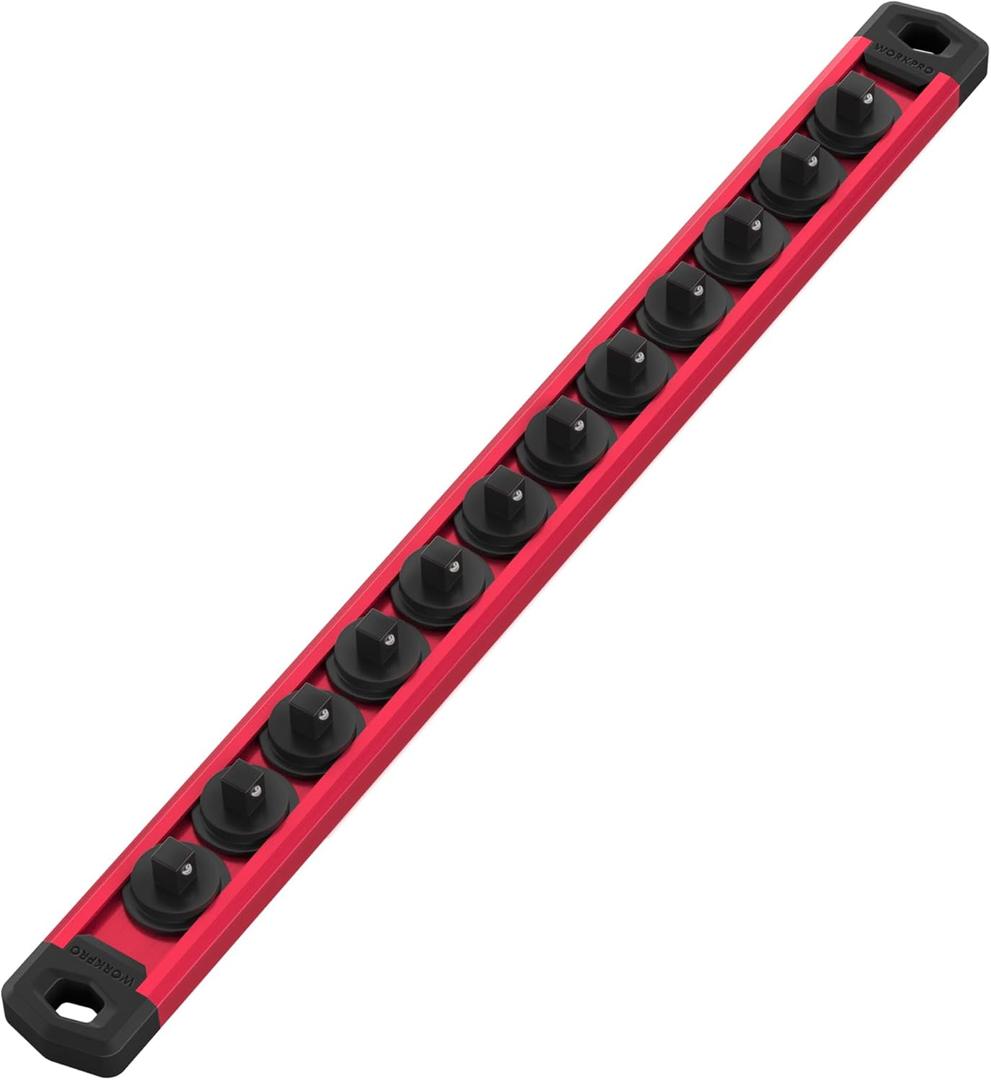 WORKPRO Magnetic Socket Organizer, 1/4-Inch Drive Aluminum Alloy Socket Rail, Heavy Duty Socket Holder, Socket Rack Kit 1/4-Inch x 12 Clips (Red)
