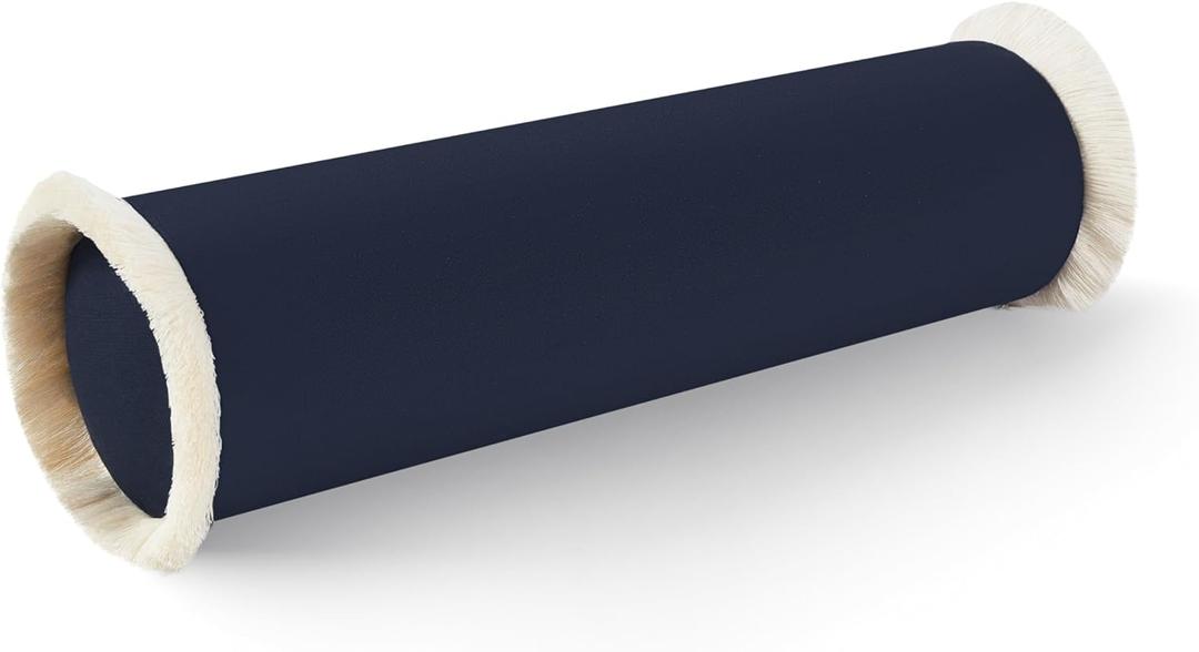 Hofdeco Premium Coastal Hampton Style Patio Outdoor Performance Bolster Pillow Cover Only, 6"x20" Water Repellent for Backyard, Couch, Dark Navy Blue Solid with Fringe