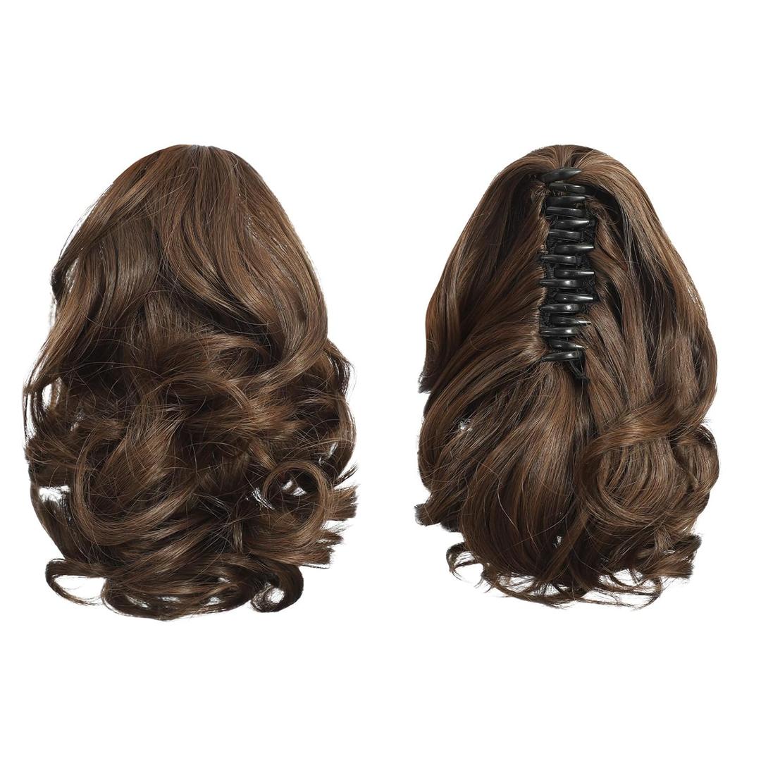 Brown Ponytail Extension, 9" Short Claw Clip in Ponytail Hair Extensions Hair Piece Natural Soft Synthetic Curly Wavy Pony Tail Hair Pieces for Women