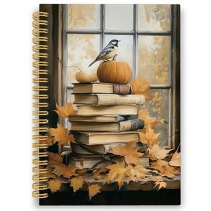 XPH Fall Bookish Spiral Notebook, Autumn Notebooks for Women Men, Pumpkin Bird Bookish Hardcover Journal for Writing 160 Pages 5.5 x 8.3 Inch, Reading Gifts for Book Lovers