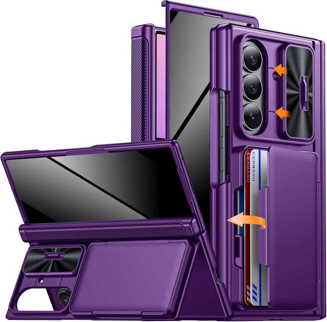 CENMASO for Samsung Galaxy Z Fold 7 Case with Card Holder [RFID Blocking] Camera Cover, Hinge Protection, Hidden Kickstand, Privacy Screen Protector, Wallet Phone Case for Galaxy Z Fold 7-Purple