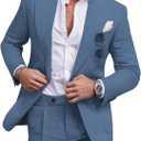 UNINUKOO Linen Suit for Men Summer Wedding 2 Piece Suit Set Peak Lapel Casual Blazer Pants Beach Wear for Men (Large, Light Blue)