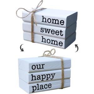 LIVDUCOT Farmhouse Mini White Decorative Books for Tiered Tray Decor - Wooden Book Stack Faux Books for Coffee Table Living Room Decoration - Small Shelf Decor Accent (home sweet home)