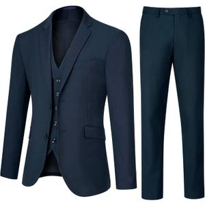 Men's Slim Fit 3 Piece Suit Set, Two Button Solid Blazer Jacket with Multi-Functional Pockets for Business/Party, Navy XS