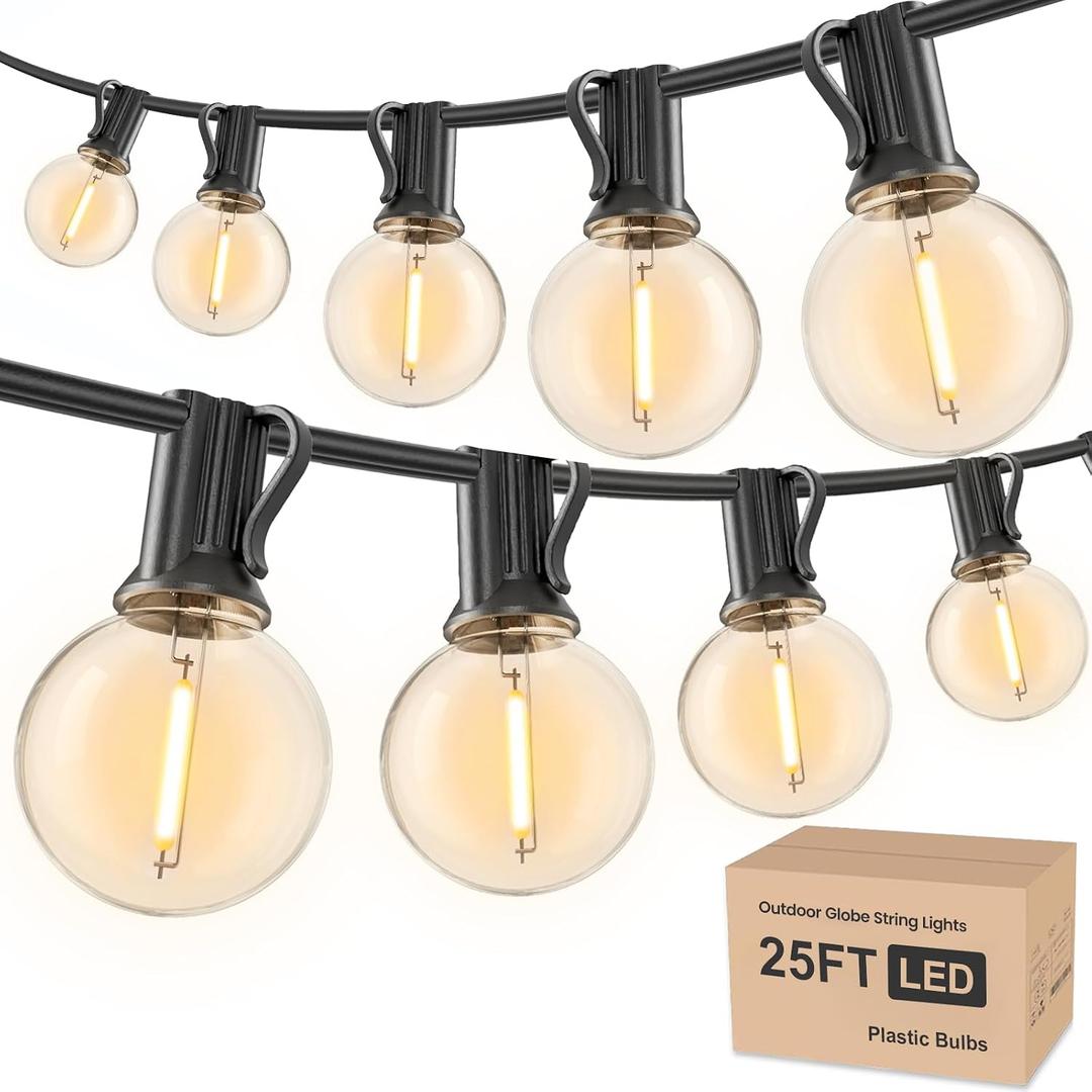 RTTY Outdoor String Lights 25 FT, G40 Led Patio Globe Lights with 13pcs Plastic Bulbs, Shatterproof Waterproof Connectable Hanging for Porch Cafe Bistro Backyard Gazebo Balcony Deck Party