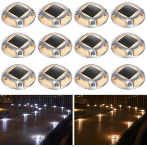 AGPTEK Solar Driveway Lights Outdoor 12 Pack, 2 Color Modes LED Deck Dock Marine Waterproof Driveway Marker Lights for Step Sidewalk Stair Garden Pathway Walkway Yard (Warm White/Cool White)