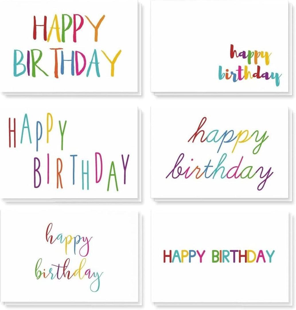 BEST PAPER GREETINGS Birthday Cards with Envelopes Bulk Set, 6 Assorted Colorful Rainbow Fonts Designs for Work, Office, Students (4x6 in, 48 Pack)