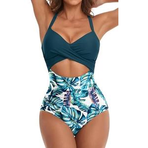 Eomenie Women's One Piece Swimsuits Tummy Control Cutout High Waisted Bathing Suit Wrap Tie Back 1 Piece Swimsuit,20 W