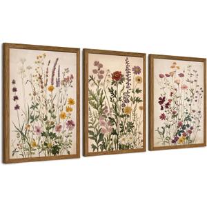 AVECCO Vintage Color Wildflower Canvas 3 Pieces Wall Art, Nature Floral Artwork Wall Decor, Botanical Art Prints for Bedroom Living Room Office Home Decoration Ready to Hang 16x24 Inch Wood Framed