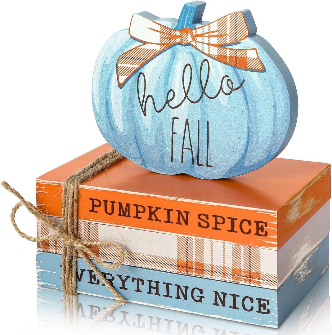 Whaline Fall Wooden Tiered Tray Decor Faux Decorative Stacked Books Bundle Wooden Pumpkin Decor Hello Fall Block Sign for Autumn Thanksgiving Farmhouse Rustic Kitchen Home Decoration
