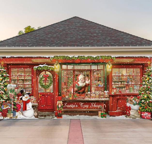 WovWeave Christmas Garage Door Banners Christmas Garage Door Backdrop Decor for Xmas Party Background Supplies(5.9 x 16.4 ft,Santa's Toy Shop)