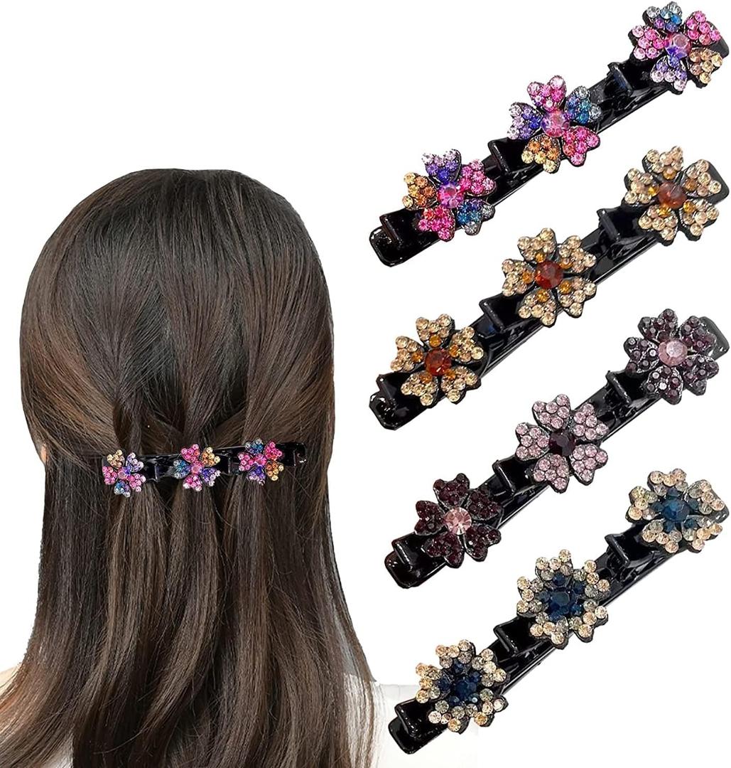 Glittering Crystal Stone Braided Hairpins, Hummingbird Hairpin with Crystal Flower, Clover Rhinestone Hairpin, Large Hair Pins for Thick Hair with 3 Mini Hairpins for Women and Girls