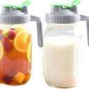 Mason Jar Pitcher With Pour Lid 32 Oz Glass Breast milk Storage Jug 1 Quart Wide Mouth Glass Tea Pitcher With Handle Creamer Container For Fridge Juice, Cold Brew Coffee,Lemonade,Beverage 2 Set (Green)
