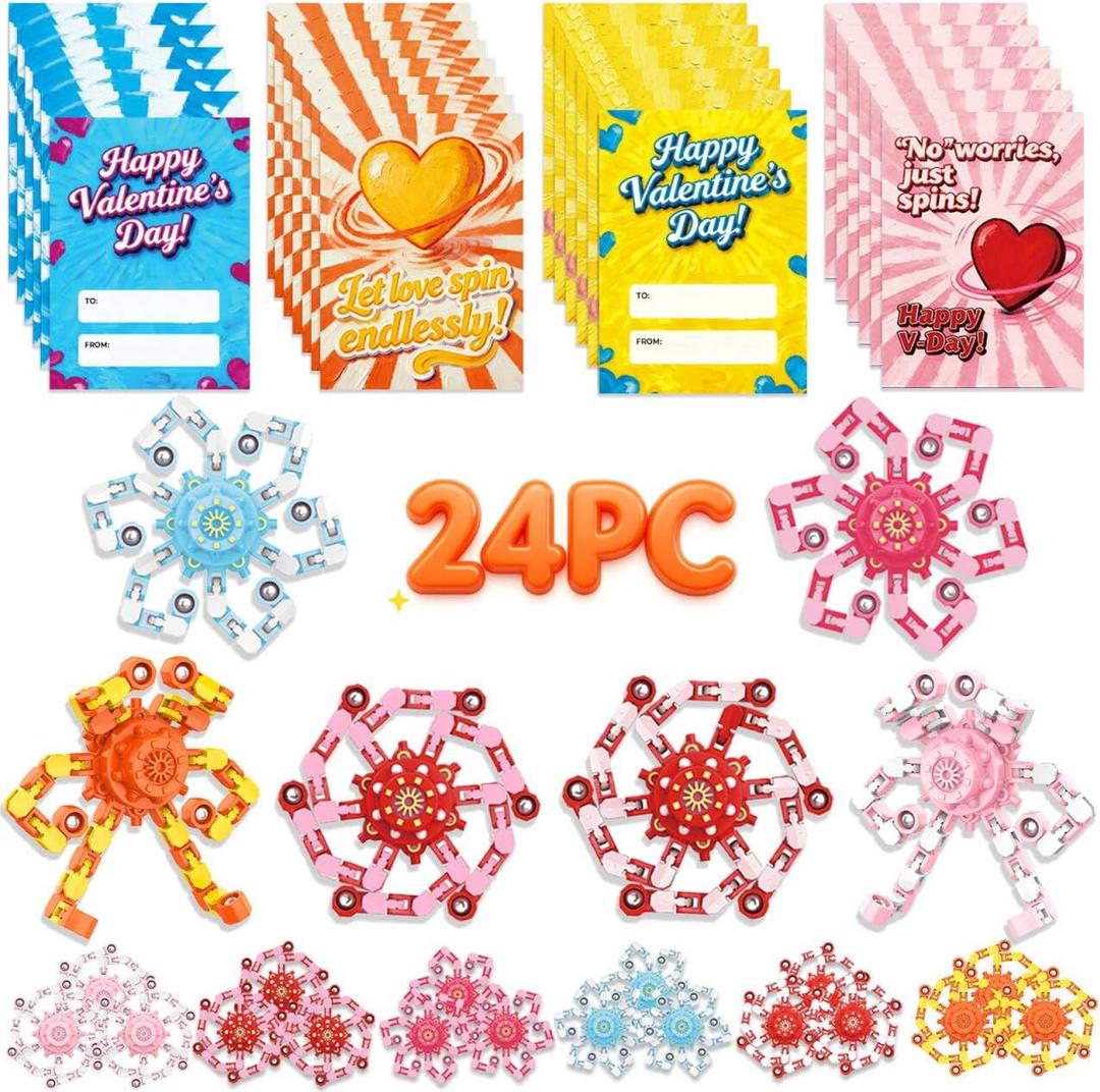 24PC Valentines Cards for Kids with 24PC Fidget Spinner, Funny Sensory Fidget Toys Deformable Chain DIY Robot Spinner, Fingertip Stress Relief Gyro Toy Sensory Toy Valentines for Class Party Favors
