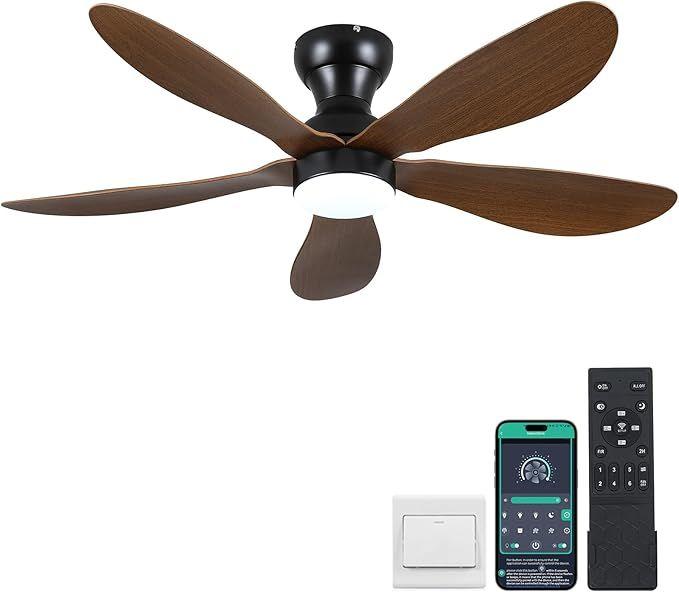 Kviflon 44 Inch Modern Flush Mount Ceiling Fan with Lights, Remote/APP Control, 5 Reversible Curved Blades, LED 3 CCT Dimmable, 6 Speeds, Brown