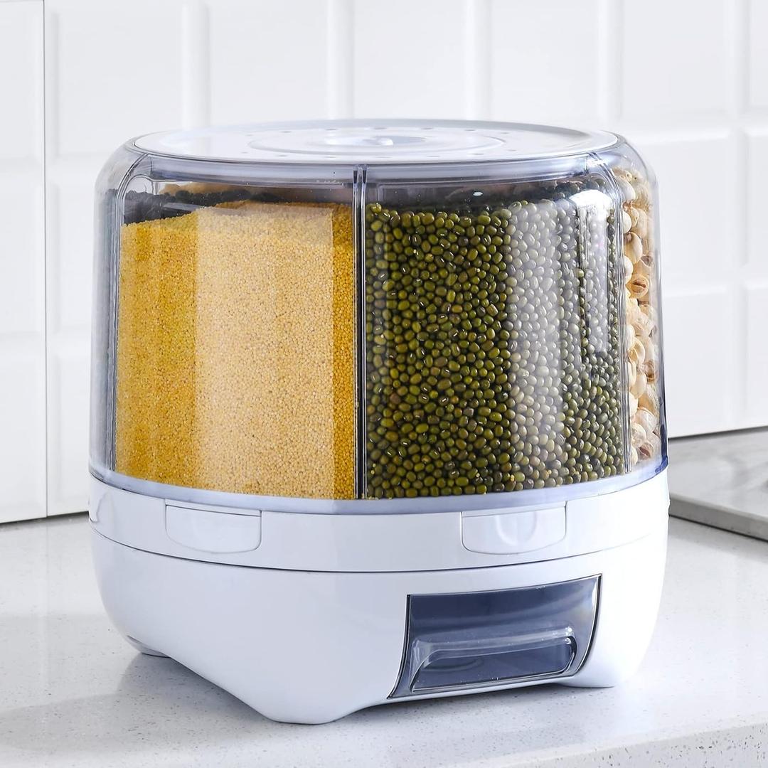 XIYAO 20Lbs large Grain dispenser 360Rotating Rice Food Dispenser 6 Grids rice container rotatable Beans Containers Storage with Sealed lid for Peanut Barley Millet and Cereal