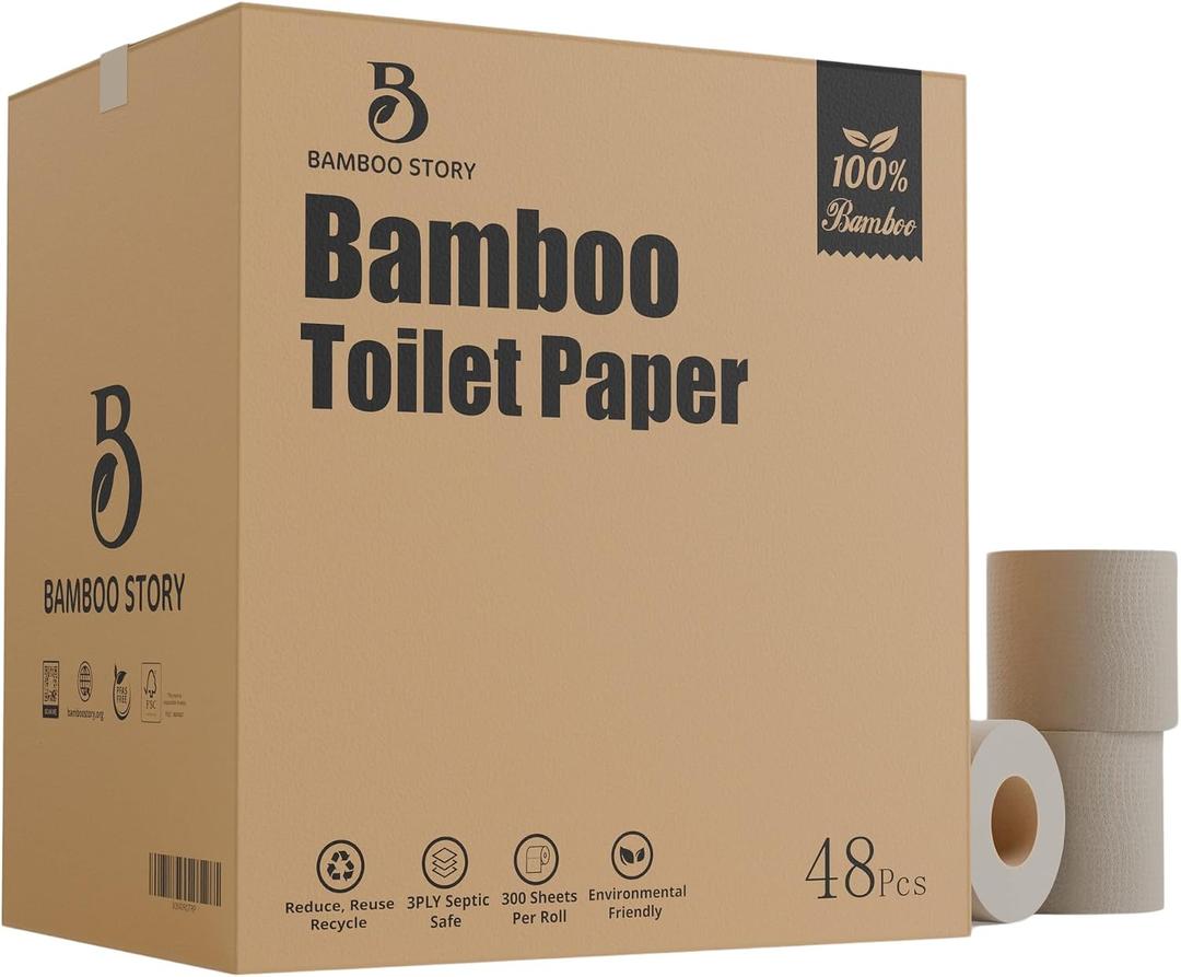 Bamboo Story, Bamboo Toilet Paper Unbleached, 48 Rolls, 3 Ply and 300 Sheets Bamboo Toilet Tissue - FSC Certified, Biodegradable, Chemical Free, Plastic Free, BPA Free, Septic Safe Toilet Paper