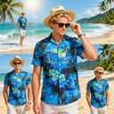 Men's Hawaiian Shirt Short Sleeves Printed Casual Button Down Funky Summer Tropical Holiday Beach Male Shirts (Blue, Large)