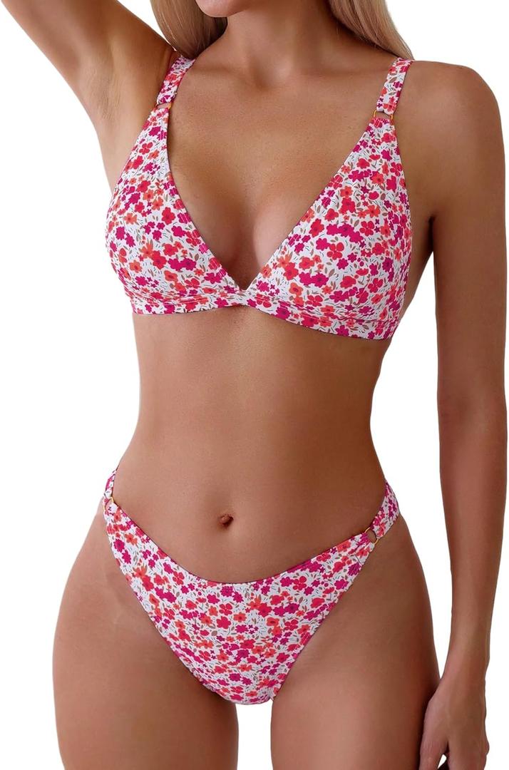 ZAFUL Women's 2 Piece Floral Print Swimsuit Triangle String High Cut Bikini Sets Bathing Suit (Medium, 1-red Multicolor)
