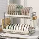 2 Tier Dish Drying Rack Dishes Organizer Rack Double Decker for Kitchen Counter (White-manual Tray)