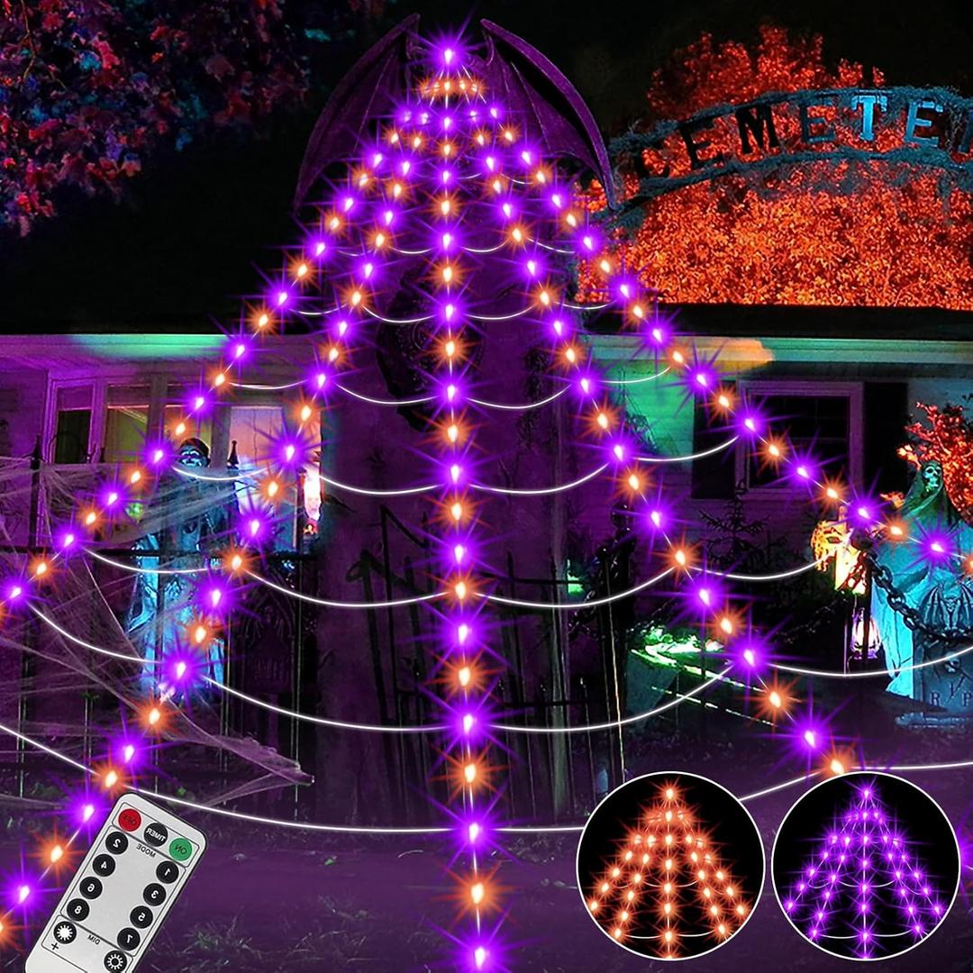 390 LED Halloween Spider Web Lights Decor, 16.4Ft Giant Net Lights with 26m Light Chain & Remote Control (8 Light Modes & Timer), Decoration for Garden Indoor Outdoor - Purple+Orange