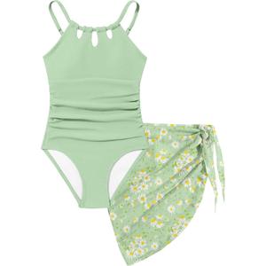 KANGKANG Girls Swimsuit Quick Dry Cut Out One Piece Swimsuits with Tropical Print Cover Up Skirt Bathing Suit Swimwear 7-18Y (13-14 Years, Dark Blue-3)