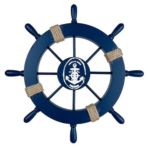 Woboeio Nautical Ship Steering Wheel Decor,11in Wood Ship Rudder with Rope,Nautical Wall Art for Beach House,Home,Door Frame,SailBoat (Dark Blue)