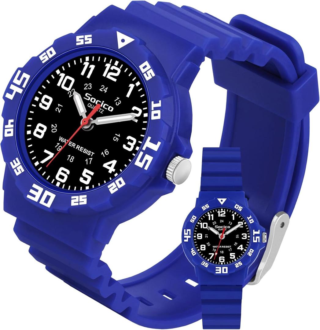 SOCICO Children Analog Watch for Boys Girls Waterproof Time Teaching Watch with Soft Band, Learning Time Wrist Watch Easy to Read Christmas Gifts for Kids Ages 3-12 Great Gifts (Blue - Black face)