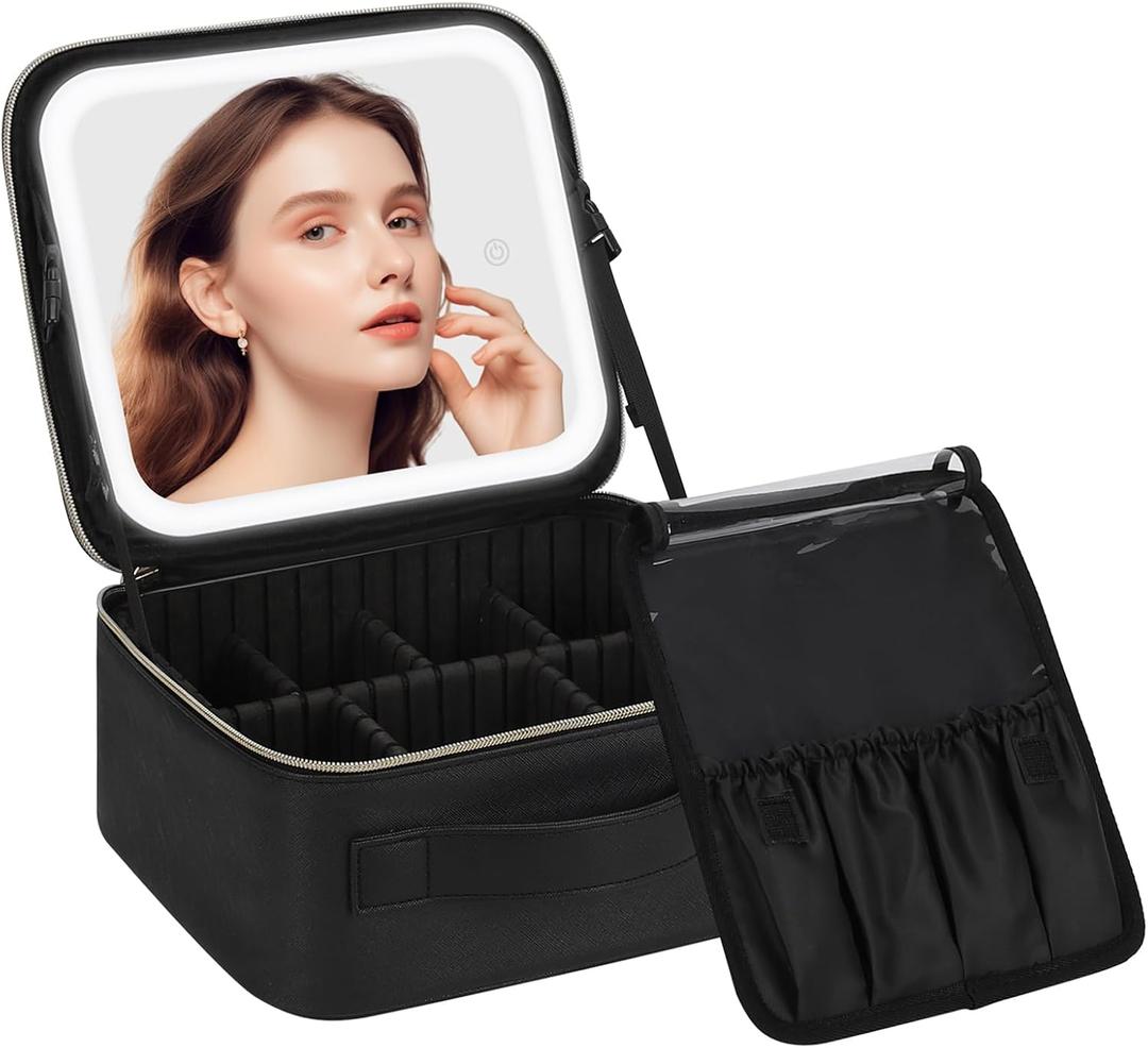 Chomeiu Makeup Bag with LED Mirror, Travel Makeup Case for Women and Makeup Artists Cosmetic Organizer Large Make Up Bags with Light Up Mirror, 3 Color Lights, Adjustable Dividers and Brush Holder (Small, 01-Black)