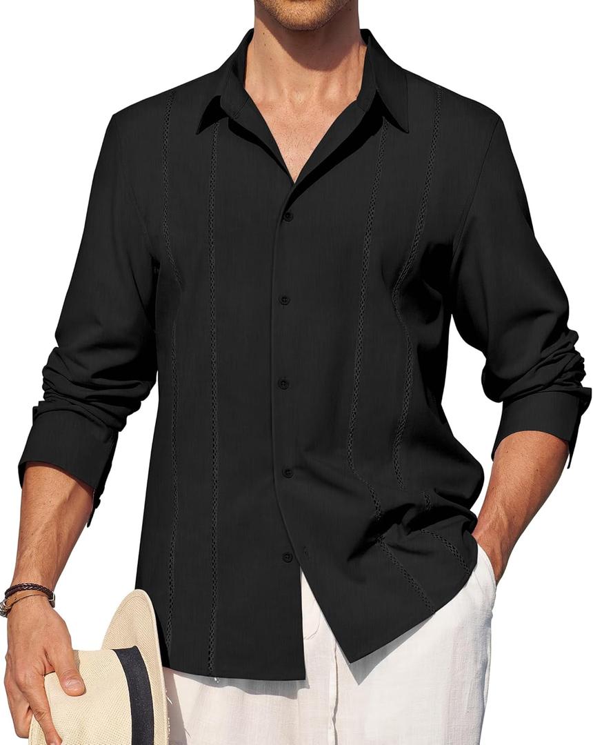 Alimens & Gentle Mens Cuban Guayabera Shirt Button Down Long Sleeve Summer Beach (Small, 02-black)