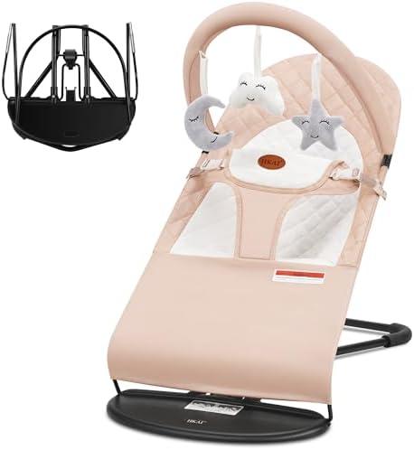 HKAI Baby Bouncer, Portable Baby Bouncer Seat for Babies 0-18 Months, 100% Cotton Fabrics, 3 Modes of use with Rocker and Stationary Options, Infant Rocker Chair with Hanging Toys- Purple