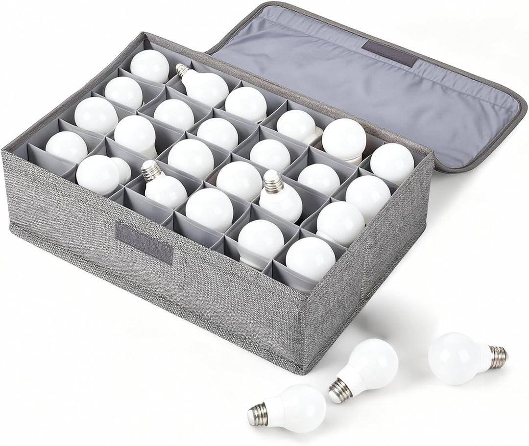 Light Bulb Organizer Storage Box Ornament Storage with 30 Dividers Foldable Organizer with Lid Sturdy PP Board Fits Various Standard Bulbs Dustproof Fabric Case for Home(Grey,1 Pcs)