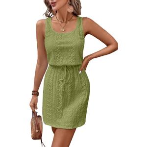 Acelitt Spring Summer Tank Dresses for Women 2026 Hollow Out Textured Drawstring Mini Dress (M)