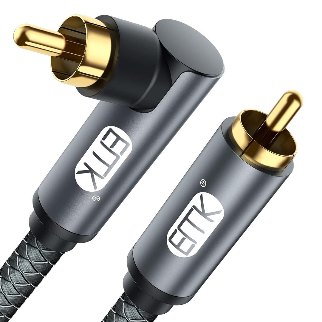 EMK 90 Degree RCA Cable, Male to Male Subwoofer Cable Right Angle Digital Coaxial Cable Dual Shielded RCA Audio Cord with Gold Plated Connectors (1.5 Feet/0.5M, 90RCA Audio Cable, Grey)