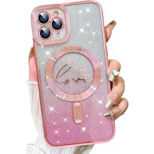 Fiyart Designed for iPhone 11 Pro Case,Compatible with MagSafe Love Heart Plating Camera Protection TPU Magnetic Glitter for Women Girls Shockproof Phone Bumper 5.8"-Pink