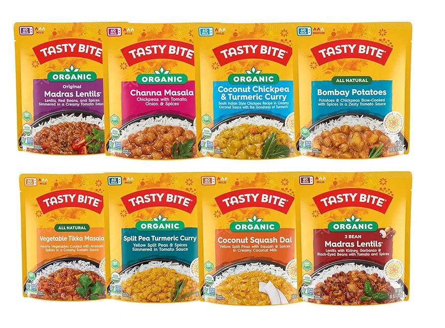 Tasty Bite Variety, Pack of 8, Madras Lentils, Bombay Potatoes, Vegetable Tikka Masala, Channa Masala, 3Bean Madras Lentils, Split Pea & Turmeric Curry, Coconut Squash Dal, Chickpea Coconut and Turmeric Curry