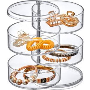 Amazing Abby - Inspire - 4-Tier Acrylic Hair Accessories Organizer with Lid, Plastic Jewelry Holder, Rotating Makeup Accessories Container, Beauty Supply Storage, Clear, Round (4.5" Dia.)