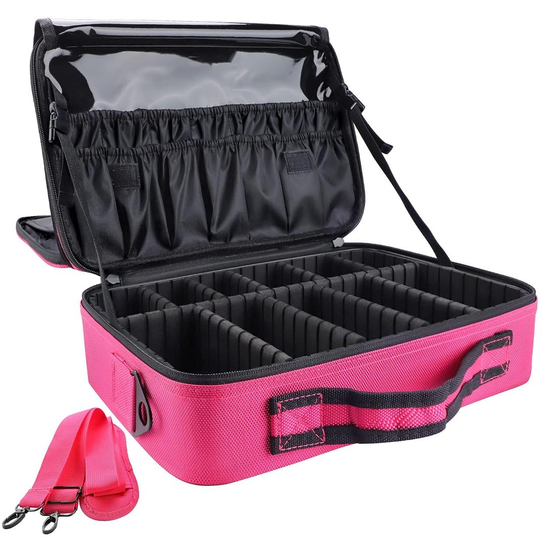 gzcz Travel Makeup Bag,Professional Cosmetic Bags for Women,Portable Makeup Brush Case Organizer Storage with Adjustable Dividers and Shoulder Strap (Medium) (Rose Red)