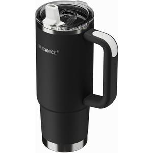 30oz Hygienic Insulated Tumbler with Handle 100% Leakproof Lid with Removable Spout & Straw, Reinforced Vacuum-Protection Base, Cup Holder Friendly, for Travel/Gym/Office- Black