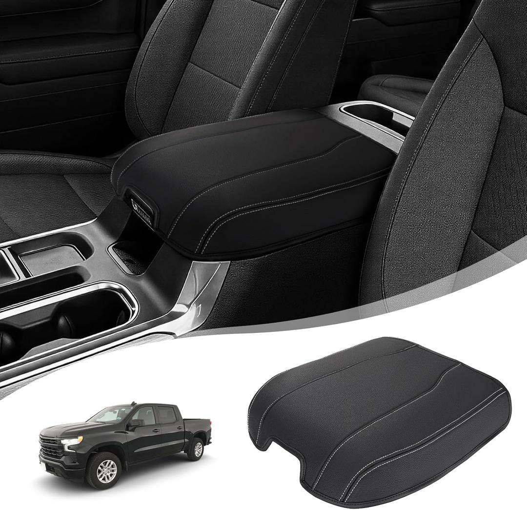 Center Console Armrest Cover for Chevy Chevrolet Silverado 1500/GMC Sierra 2019-2026, Tahoe/Suburban/Yukon 2021-2026, PU Leather Middle Console Lid Protector Cushion Thick Pad Black/Gray(Bucket Seat)