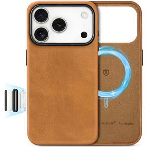 SHIELDON Leather Case for iPhone 17 Pro 6.3" 2025 with [Camera Button Updated], Magnetic Wireless Charging, Slim Fit, Anti-Scratch Non-Slip, Shock-Absorbent, Protective Phone Cover - Retro Light Brown