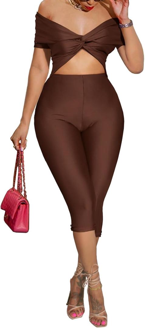 Bodycon Jumpsuit for Women - Short Sleeve Off Shoulder Twist Front Cut Out Capri Pants Sexy One Piece Outfits (Medium, Brown)