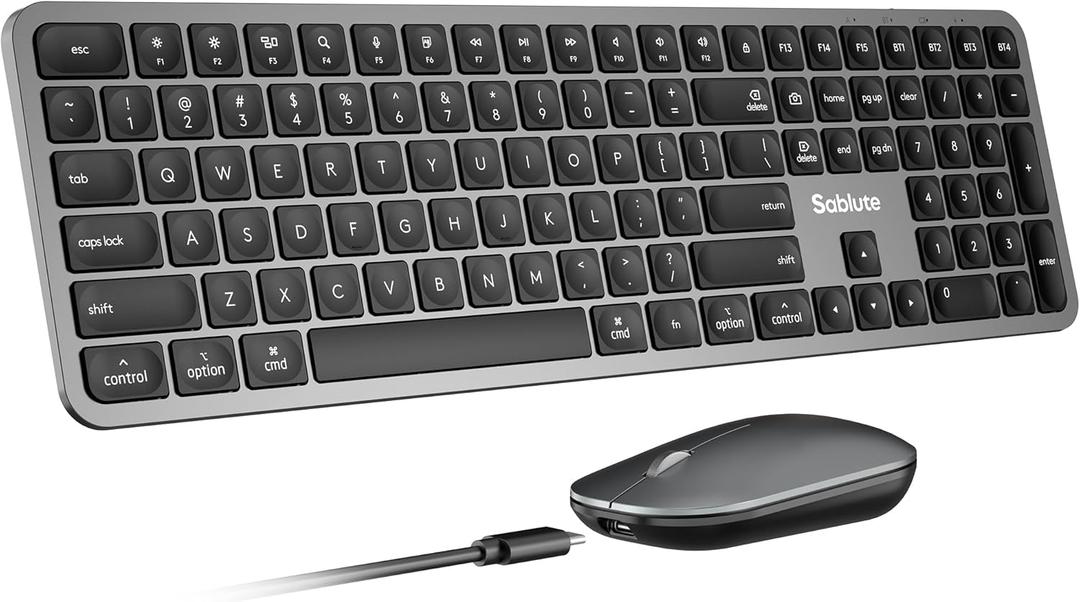 SABLUTE Bluetooth Keyboard and Mouse for Mac, KMA2 Rechargeable Full Size Wireless Combo, Quiet Scissor Keys, 3 Multi-Device Connection, Metallic Texture, Compatible for Mac, MacBook, iPad, Space Gray