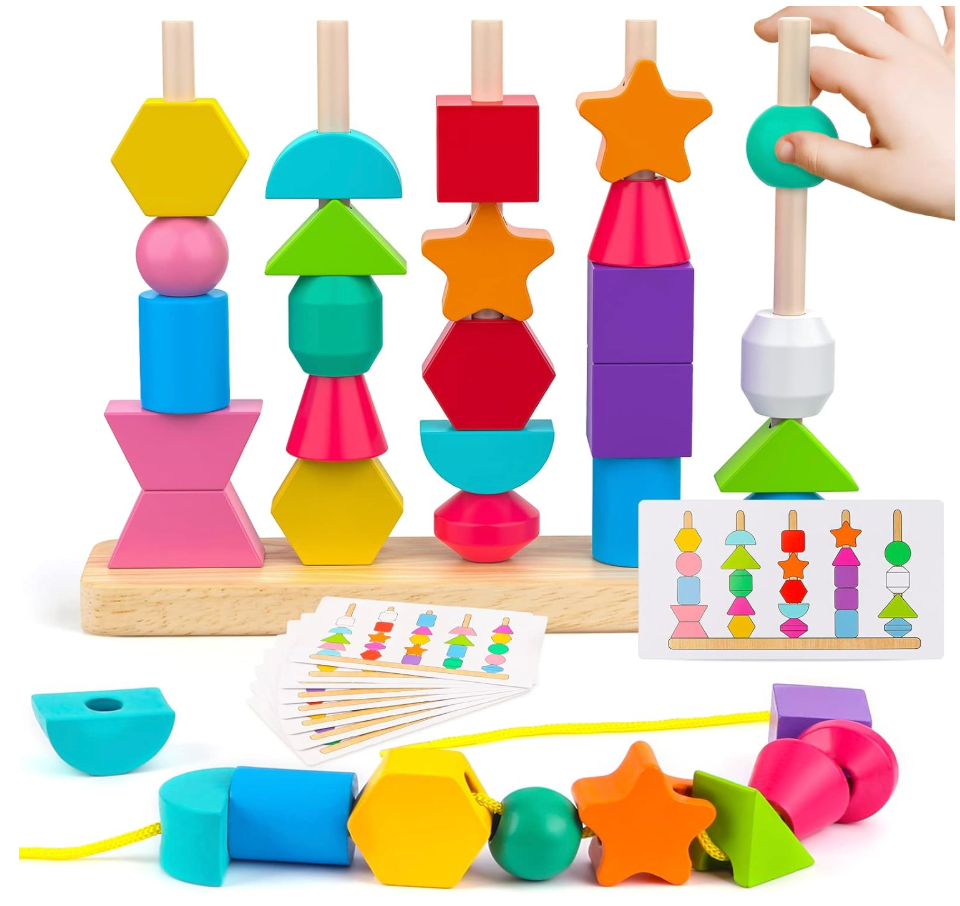 Montessori Wooden Beads Sequencing Toy Set, Stacking Blocks & Lacing Beads & Matching Shape Stacker for 2 3 4 5 Year Old STEM Preschool Learning Montessori Toys Gifts for Kids Boy Girl Toddler
