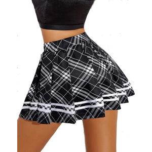 Avidlove Plaid Skirts for Women Pleated Skirt High Waist Elastic A Line Basic Skater Skirt Schoolgirl Short Mini Skirts（Black White Plaid, L）