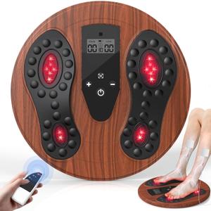 EMS Foot Massager for Neuropathy, Newly Red Light Therapy Foot Stimulator for Neuropathy Feet Nerve Electric NMES Feet Massager for Circulation and Pain Relief with 4 TENS Unit Muscle Stimulator Pads (Wood)