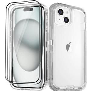 JGS for iPhone 15 Case 6.1", Military Grade 3 in 1 Heavy Duty Shockproof/Drop Proof Case with 2 PCS Tempered Glass Screen Protector (Crystal Clear)