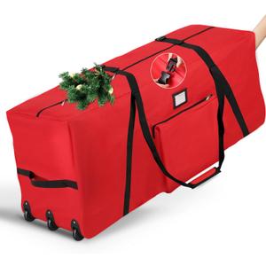 Rolling Christmas Tree Storage Bag 7.5ft, Xmas Artificial Tree Storage Bags with 3 Swivel Wheels, 600D Oxford Fabric Disassembled Tree Storage Box with Padded Handle and Quick-Release Strap (Red)